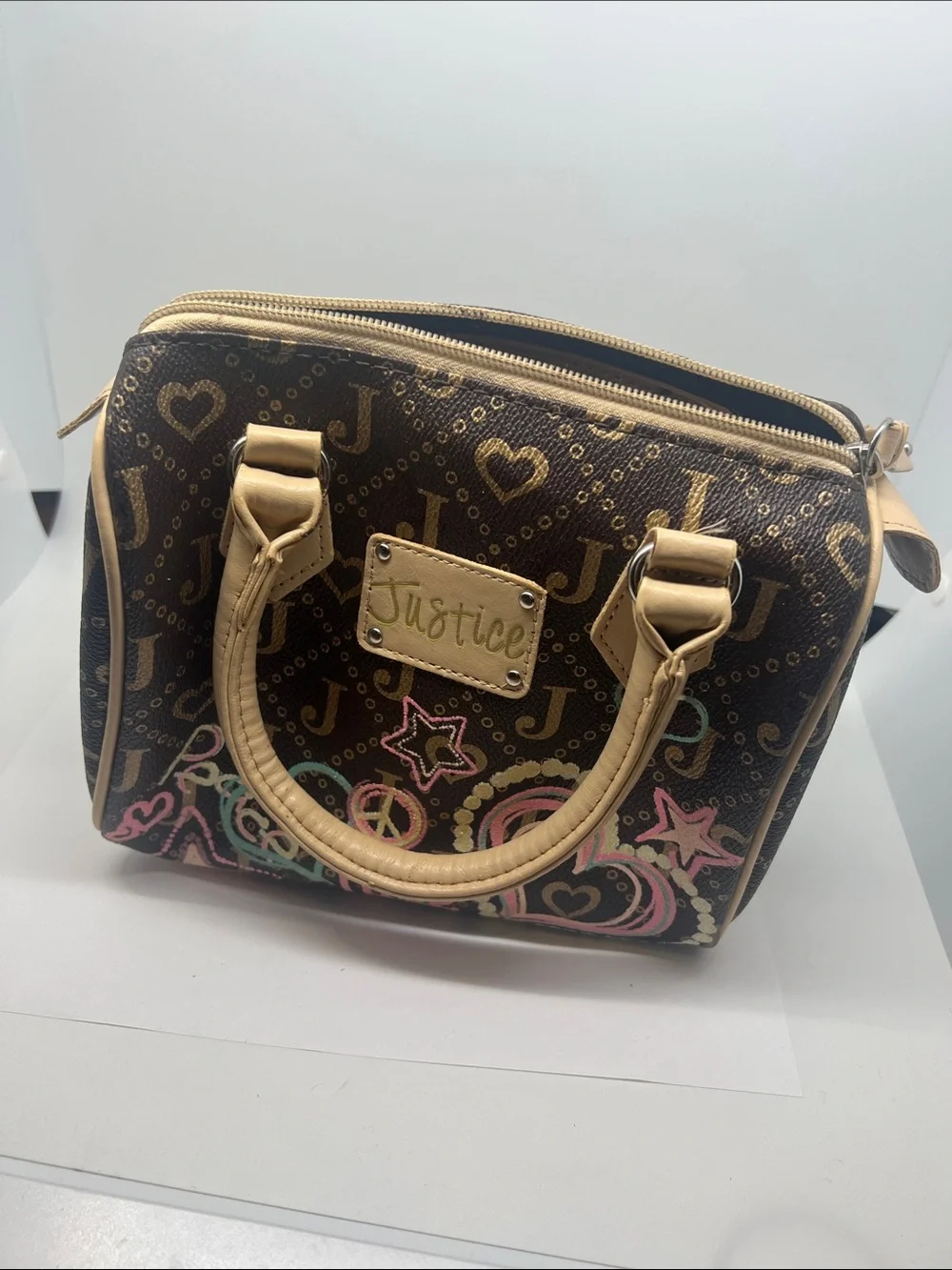 Justice Brown Satchel with Tan Handles and Multicolor Accents